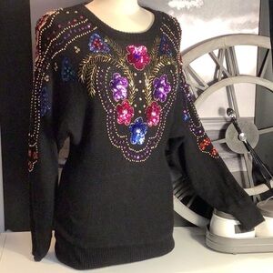 Vtg Marnie West Black Embellished Beaded Sequin Flowers Silk Angora Sweater Sz M